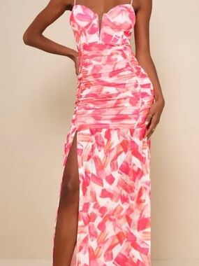 Lulus Pink Ruched Bustier Mermaid Maxi Dress